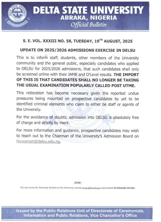 2025/2026 Delsu Post utme Admission Bulletin